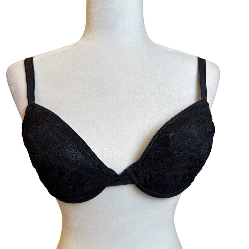 Victoria's Secret Bra 34D Underwire Padded Black Floral Lace‎ Nylon Stretch 1538